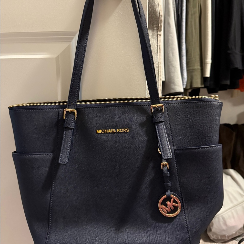 Michael Kors Dark Blue Tote with Gold Accents